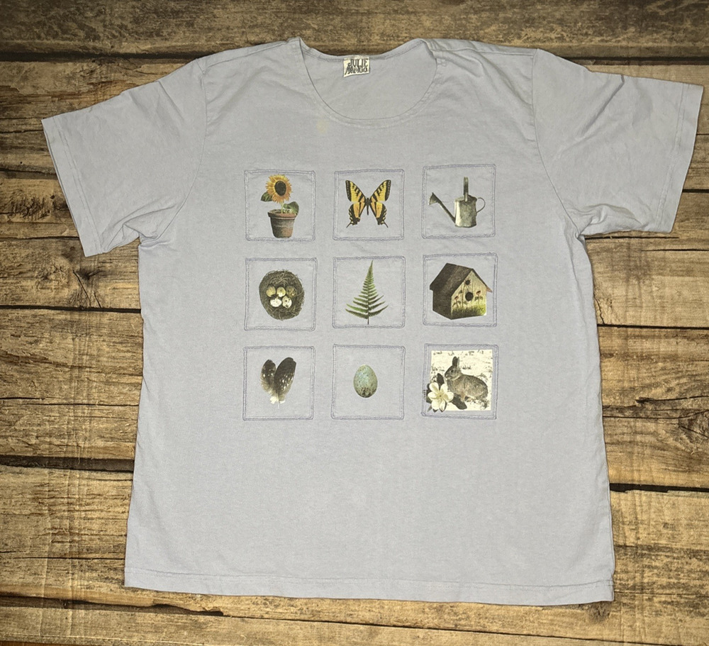 VTG Julie Mango T Shirt Womens 3X Periwinkle Blue Bunny Butterfly Garden Grid